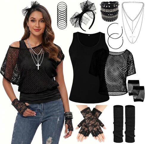 WILDPARTY 80s Outfit for Women Neon Fishnet Off Shoulder Shirt with Accessories in Saudi Arabia