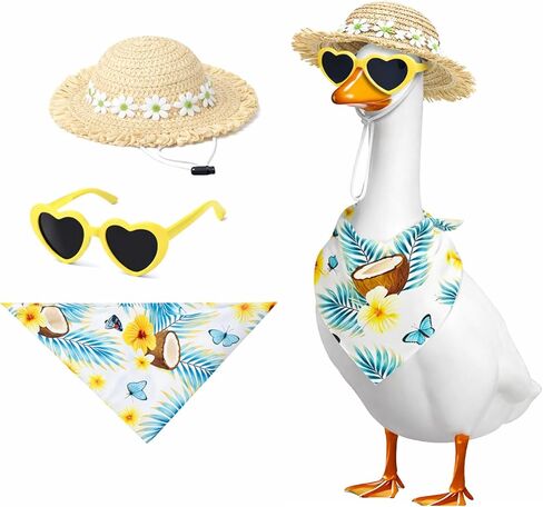Auch Summer Beach Porch Goose Outfit Set - 3 PCS Hawaiian Goose Clothes Includes Straw Sun Hat, Heart-Shaped Sunglasses & Tropical Floral Bandana, Fun Lawn Garden Ornament Decor Accessories in Saudi Arabia