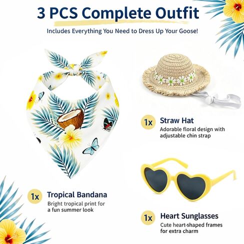 Auch Summer Beach Porch Goose Outfit Set - 3 PCS Hawaiian Goose Clothes Includes Straw Sun Hat, Heart-Shaped Sunglasses & Tropical Floral Bandana, Fun Lawn Garden Ornament Decor Accessories in Saudi Arabia