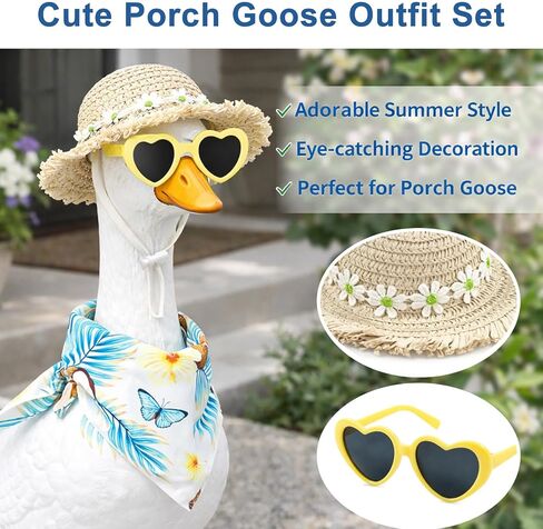 Auch Summer Beach Porch Goose Outfit Set - 3 PCS Hawaiian Goose Clothes Includes Straw Sun Hat, Heart-Shaped Sunglasses & Tropical Floral Bandana, Fun Lawn Garden Ornament Decor Accessories in Saudi Arabia