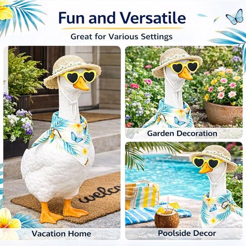 Auch Summer Beach Porch Goose Outfit Set - 3 PCS Hawaiian Goose Clothes Includes Straw Sun Hat, Heart-Shaped Sunglasses & Tropical Floral Bandana, Fun Lawn Garden Ornament Decor Accessories in Saudi Arabia