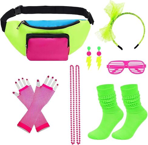 إكسسوارات 80s للنساء مجموعة إكسسوارات نيون 80s زي زي 80s حزمة مراوح هيرباند قفازات شبكة صيد السمك أقراط in Saudi Arabia