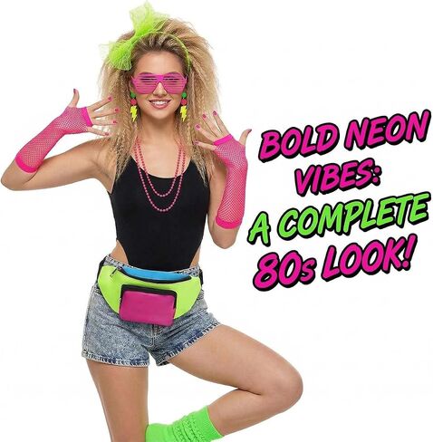 إكسسوارات 80s للنساء مجموعة إكسسوارات نيون 80s زي زي 80s حزمة مراوح هيرباند قفازات شبكة صيد السمك أقراط in Saudi Arabia