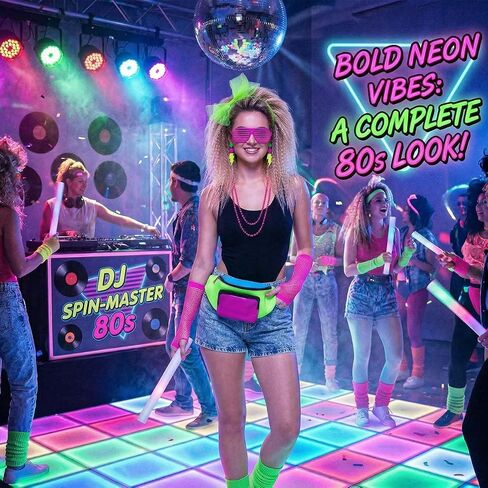 إكسسوارات 80s للنساء مجموعة إكسسوارات نيون 80s زي زي 80s حزمة مراوح هيرباند قفازات شبكة صيد السمك أقراط in Saudi Arabia