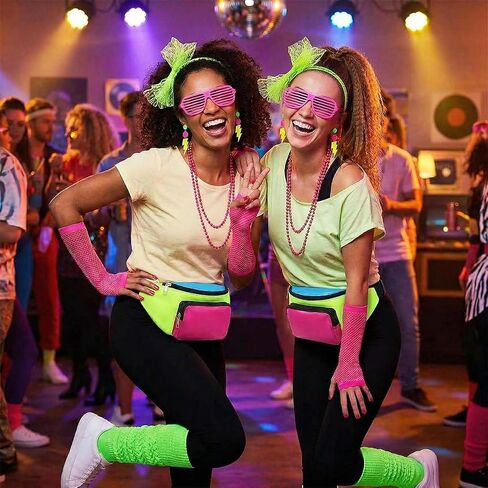 إكسسوارات 80s للنساء مجموعة إكسسوارات نيون 80s زي زي 80s حزمة مراوح هيرباند قفازات شبكة صيد السمك أقراط in Saudi Arabia