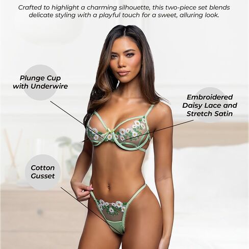 Sexy Bra and Panty Sets for Women Roma Daisy Tease Green Embroidered Floral Lace Lingerie Set Underwire Bra Sheer Panties in Saudi Arabia