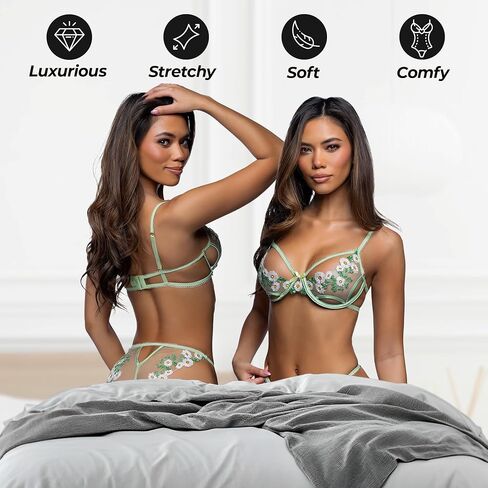 Sexy Bra and Panty Sets for Women Roma Daisy Tease Green Embroidered Floral Lace Lingerie Set Underwire Bra Sheer Panties in Saudi Arabia