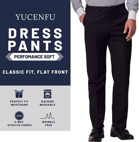 Men's Classic Fit Dress Pants, Flat-Front Business Casual Trouser with Expandable Waistband, Wrinkle-Free Suit Slacks for Men in Saudi Arabia