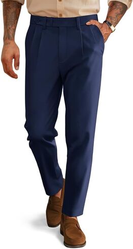Men's Pleated Dress Pants Tapered Trousers with Extended Waisted Fit Dress Pant Casual Slim Fit Slacks Dark Blue XL in Kuwait