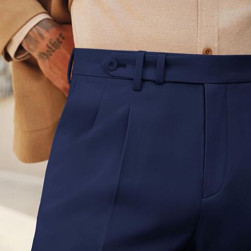 Men's Pleated Dress Pants Tapered Trousers with Extended Waisted Fit Dress Pant Casual Slim Fit Slacks Dark Blue XL in Kuwait