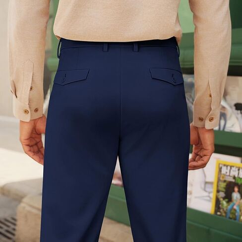 Men's Pleated Dress Pants Tapered Trousers with Extended Waisted Fit Dress Pant Casual Slim Fit Slacks Dark Blue XL in Kuwait