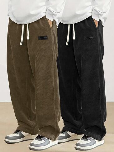 Men's 2-Pack Lightweight Corduroy Pants - Loose Wide-Leg Casual Trousers with Elastic Drawstring Waist in Kuwait