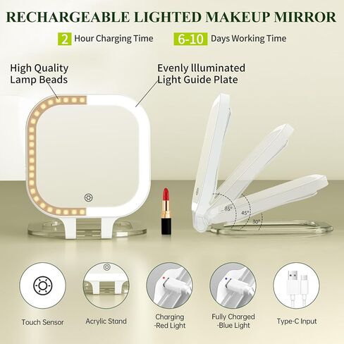 FUNTOUCH 7" Travel Makeup Mirror 30X Magnification,Rechargeable Double Sided Lighted Portable Vanity Mirror with Lights, 3 Color Lights & Adjustable Brightness, 300°Rotation, Gift for Women,White in Saudi Arabia
