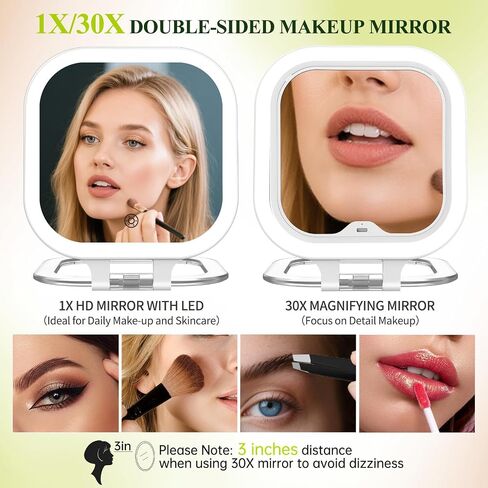 FUNTOUCH 7" Travel Makeup Mirror 30X Magnification,Rechargeable Double Sided Lighted Portable Vanity Mirror with Lights, 3 Color Lights & Adjustable Brightness, 300°Rotation, Gift for Women,White in Saudi Arabia