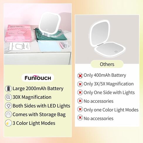 FUNTOUCH 7" Travel Makeup Mirror 30X Magnification,Rechargeable Double Sided Lighted Portable Vanity Mirror with Lights, 3 Color Lights & Adjustable Brightness, 300°Rotation, Gift for Women,White in Saudi Arabia