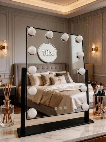 Makeup Vanity Mirror with LED Lights Makeup Mirror Detachable 10X Magnification, Hollywood Make Up Mirror with Lighting, Smart Touch, Rechargeable,360° Rotation, White 13.77"x 11.81" in Saudi Arabia