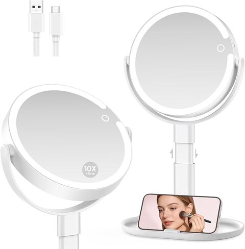 Lighted Makeup Mirror with 10X Magnification, Rechargeable LED Magnifying Vanity Mirror with 3 Lights, Adjustable Height, Storage Base and Phone Holder, White, 7 inch in Kuwait