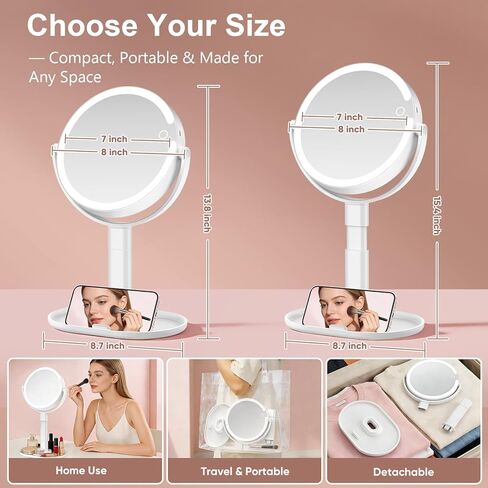 Lighted Makeup Mirror with 10X Magnification, Rechargeable LED Magnifying Vanity Mirror with 3 Lights, Adjustable Height, Storage Base and Phone Holder, White, 7 inch in Kuwait