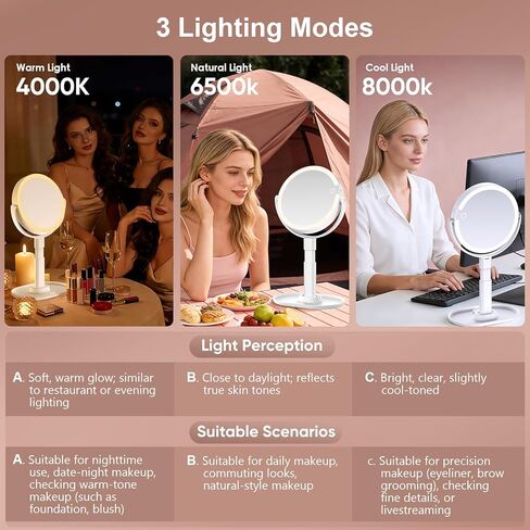 Lighted Makeup Mirror with 10X Magnification, Rechargeable LED Magnifying Vanity Mirror with 3 Lights, Adjustable Height, Storage Base and Phone Holder, White, 7 inch in Kuwait