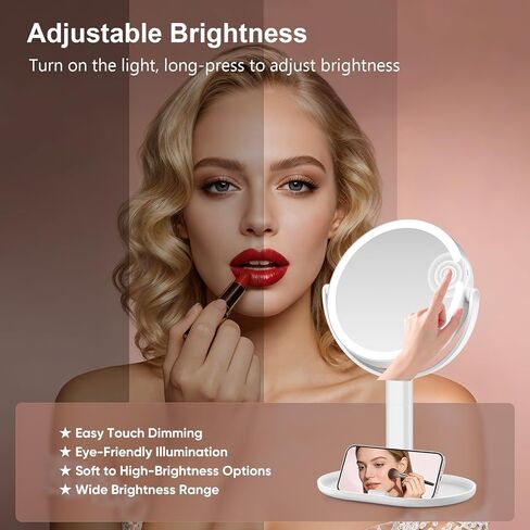 Lighted Makeup Mirror with 10X Magnification, Rechargeable LED Magnifying Vanity Mirror with 3 Lights, Adjustable Height, Storage Base and Phone Holder, White, 7 inch in Kuwait