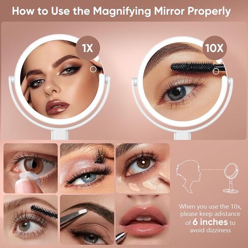 Lighted Makeup Mirror with 10X Magnification, Rechargeable LED Magnifying Vanity Mirror with 3 Lights, Adjustable Height, Storage Base and Phone Holder, White, 7 inch in Kuwait