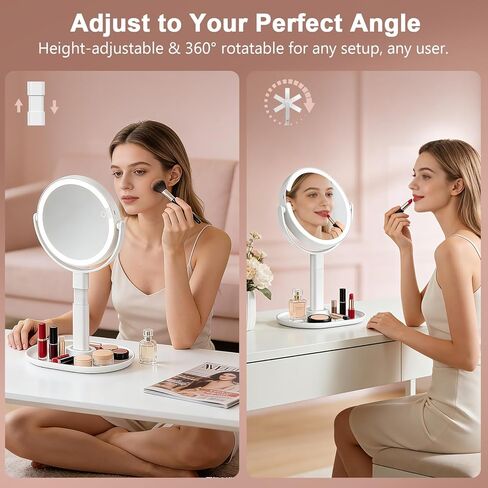 Lighted Makeup Mirror with 10X Magnification, Rechargeable LED Magnifying Vanity Mirror with 3 Lights, Adjustable Height, Storage Base and Phone Holder, White, 7 inch in Kuwait