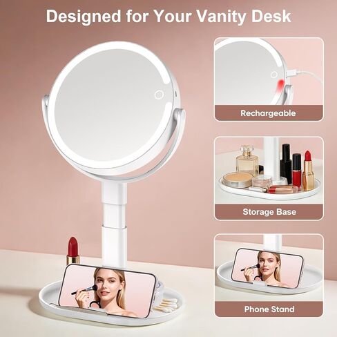 Lighted Makeup Mirror with 10X Magnification, Rechargeable LED Magnifying Vanity Mirror with 3 Lights, Adjustable Height, Storage Base and Phone Holder, White, 7 inch in Kuwait