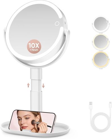 Lighted Makeup Mirror with 10X Magnification, Rechargeable LED Magnifying Vanity Mirror with 3 Lights, Adjustable Height, Storage Base and Phone Holder, White, 7 inch in Kuwait