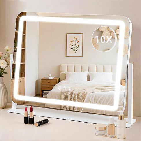 Vanity Mirror with Lights 22"x17", Lighted Makeup Mirror with 10X Magnification 4.5", 3 Color Dimmble Lights, Touch Control, 360° Rotation, Metal Frame, Women's Gift, For Bedroom/Dressing Room, White in Saudi Arabia