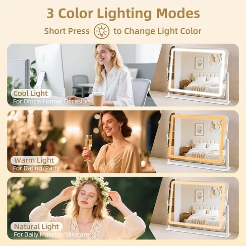 Vanity Mirror with Lights 22"x17", Lighted Makeup Mirror with 10X Magnification 4.5", 3 Color Dimmble Lights, Touch Control, 360° Rotation, Metal Frame, Women's Gift, For Bedroom/Dressing Room, White in Saudi Arabia