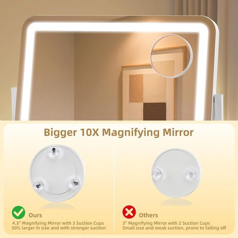 Vanity Mirror with Lights 22"x17", Lighted Makeup Mirror with 10X Magnification 4.5", 3 Color Dimmble Lights, Touch Control, 360° Rotation, Metal Frame, Women's Gift, For Bedroom/Dressing Room, White in Saudi Arabia