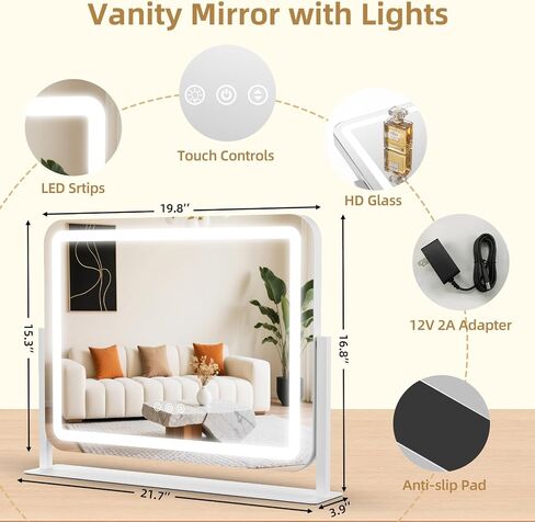 Vanity Mirror with Lights 22"x17", Lighted Makeup Mirror with 10X Magnification 4.5", 3 Color Dimmble Lights, Touch Control, 360° Rotation, Metal Frame, Women's Gift, For Bedroom/Dressing Room, White in Saudi Arabia