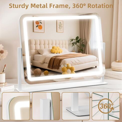 Vanity Mirror with Lights 22"x17", Lighted Makeup Mirror with 10X Magnification 4.5", 3 Color Dimmble Lights, Touch Control, 360° Rotation, Metal Frame, Women's Gift, For Bedroom/Dressing Room, White in Saudi Arabia