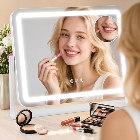 Vanity Mirror with Lights 22"x17", Lighted Makeup Mirror with 10X Magnification 4.5", 3 Color Dimmble Lights, Touch Control, 360° Rotation, Metal Frame, Women's Gift, For Bedroom/Dressing Room, White in Saudi Arabia