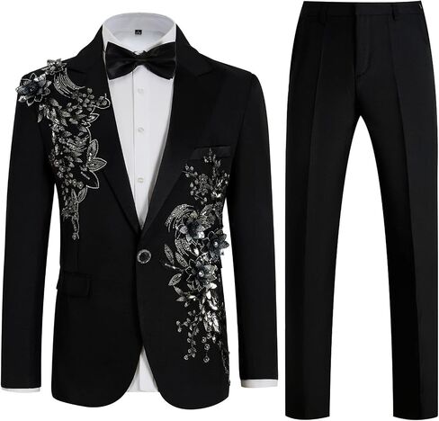 Men's Slim Fit 2 Piece Dress Suit Floral Tuxedo Set One Button Blazer Dress Pants & Bow Tie for Wedding, Prom, Party in Saudi Arabia