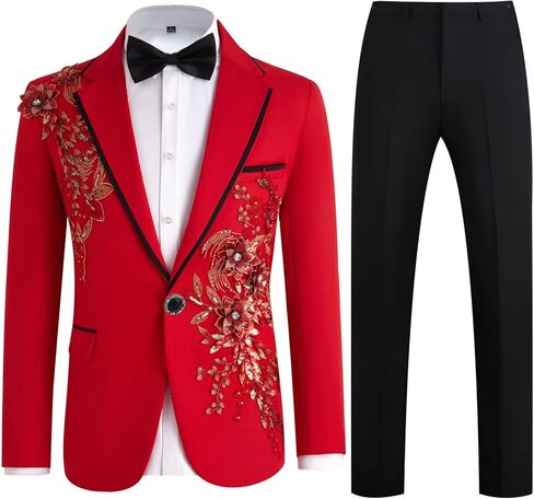 Men's Slim Fit 2 Piece Dress Suit Floral Tuxedo Set One Button Blazer Dress Pants & Bow Tie for Wedding, Prom, Party in Saudi Arabia