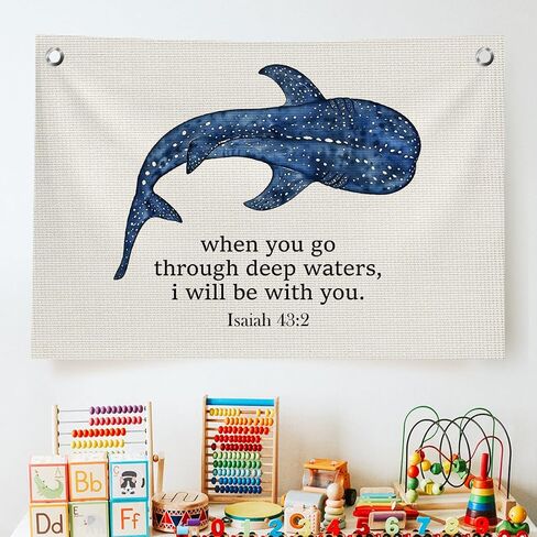 Whale Shark Ocean Christian Wall Decor, Inspirational Bible Verse Canvas Banner Wall Hanging Banner Flag for Home Bedroom Dorm, When You Go Through Deep Waters I Will Be With You, 30x20 inches in Saudi Arabia