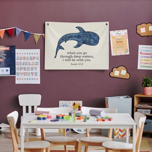 Whale Shark Ocean Christian Wall Decor, Inspirational Bible Verse Canvas Banner Wall Hanging Banner Flag for Home Bedroom Dorm, When You Go Through Deep Waters I Will Be With You, 30x20 inches in Saudi Arabia