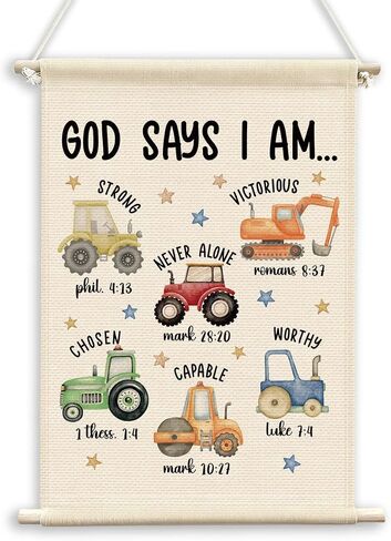 QWFFNBMU Christian Construction Nursery Boys Room Wall Decor, Excavator Toddler Bible Verses Decor, God Says I Am Truck Playroom Wall Art Canvas Flag Banner Decor for Home Kids Boys Room in Kuwait