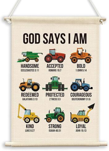 QWFFNBMU Christian Construction Nursery Boys Room Wall Decor, Excavator Toddler Bible Verses Decor, God Says I Am Truck Playroom Wall Art Canvas Flag Banner Decor for Home Kids Boys Room in Kuwait