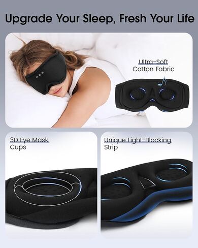 MUSICOZY Sleep Mask with Bluetooth Headphones, 3D Wireless Sleeping Eye Masks, Bluetooth Eye Masks 14-Hour Playtime, Ultra-Soft Breathable, Perfect for Side Sleepers, Women Men(Classic Black) in Kuwait