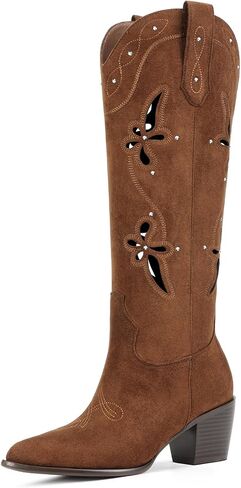 Western Cowboy Boots for Women - Knee High Cowgirl Boots Faux Suede with Retro Embroidery, Pointed Toe Chunky Heel Tall Boot, Ladies Country Boot Pull On for Concert Rodeo in Saudi Arabia