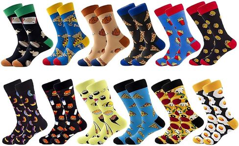 Men's Funny Novelty Crew Socks - 12 Pack Colorful Food Pattern Cotton Socks for Men, Fun Casual Dress Socks in Saudi Arabia