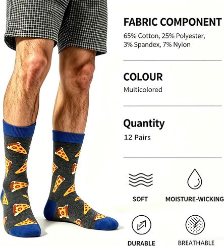 Men's Funny Novelty Crew Socks - 12 Pack Colorful Food Pattern Cotton Socks for Men, Fun Casual Dress Socks in Saudi Arabia