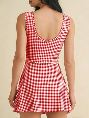 Wenrine Womens Summer Backless Mini Dress Gingham Wrap Tie Waist Romper Skort Built in Shorts Vacation Tank Sundress Red in Kuwait
