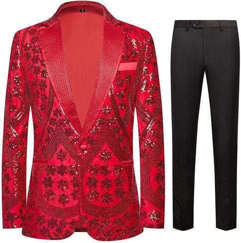 Men's Embroidered Sequin Blazer with Black Dress Pants Suit Set Rhinestone-Embellished for Wedding Party Prom in Kuwait