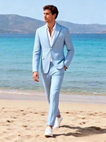 UNINUKOO Linen Suit for Men Dress Casual Summer 2 Piece Set Mens Slim Fit Vacation Beach Outfits for Wedding Prom Groomsmen in Saudi Arabia