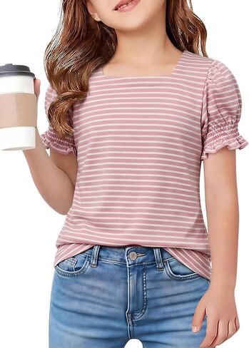 Girls Summer Tops Striped Square Neck T-Shirt Puff Short Sleeve Soft Knit Casual Tees 6-14 Years in Saudi Arabia