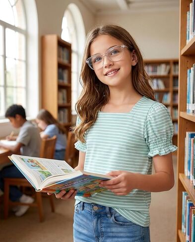 تي شيرت صيفي للفتيات مخطط برقبة مربعة وأكمام قصيرة منتفخة وناعمة غير رسمية من عمر 6 إلى 14 سنة in Kuwait