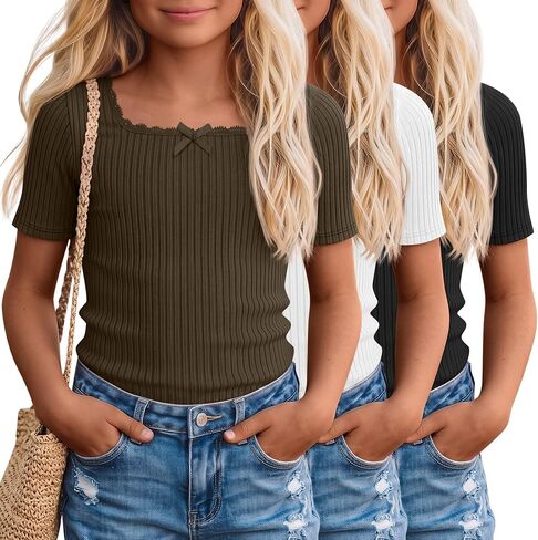 3 Pack Girl's Short Sleeve Shirts Square Neck Ribbed Knit Tops with Lace Trim Casual Basic Blouses 5-14 Years in Kuwait